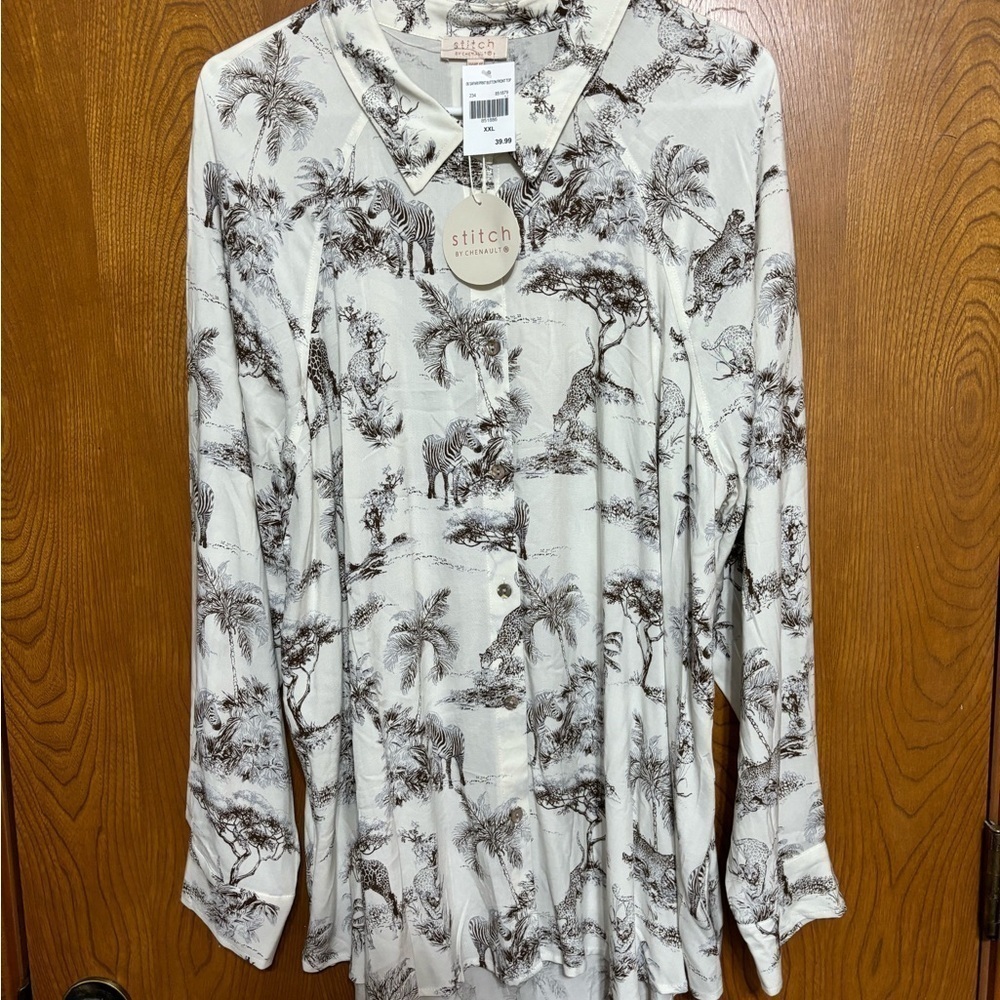 NWT Stitch by Chenault African Animals Button Up Long Sleeve Shirt L, XXL